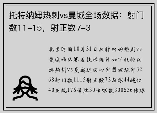 托特纳姆热刺vs曼城全场数据：射门数11-15，射正数7-3